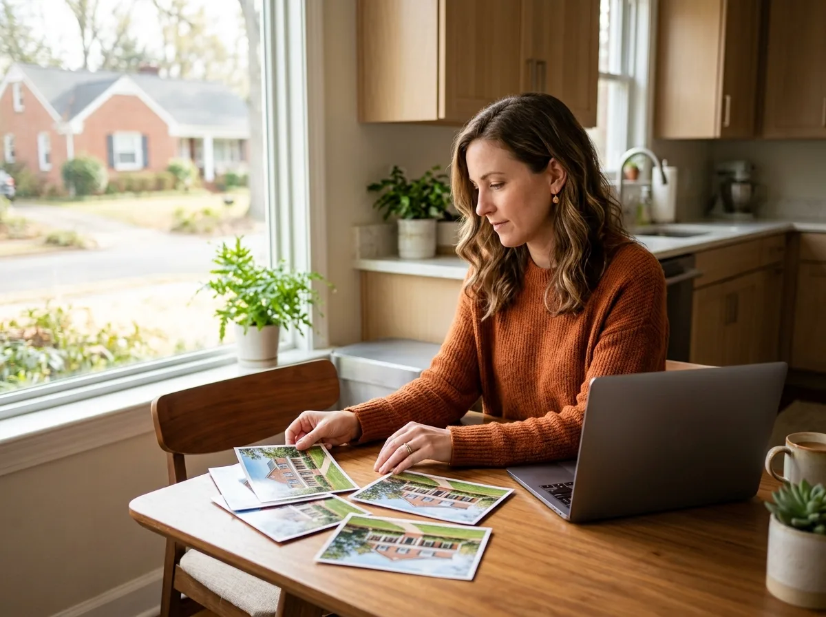 A homeowner reviewing printed photos of her home at the kitchen table before activating FSBO support