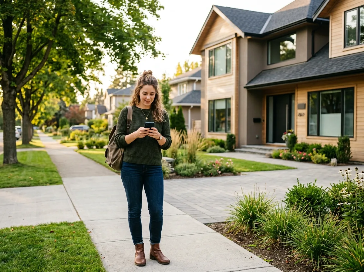 A prospective homebuyer reviewing property information on her phone outside a home