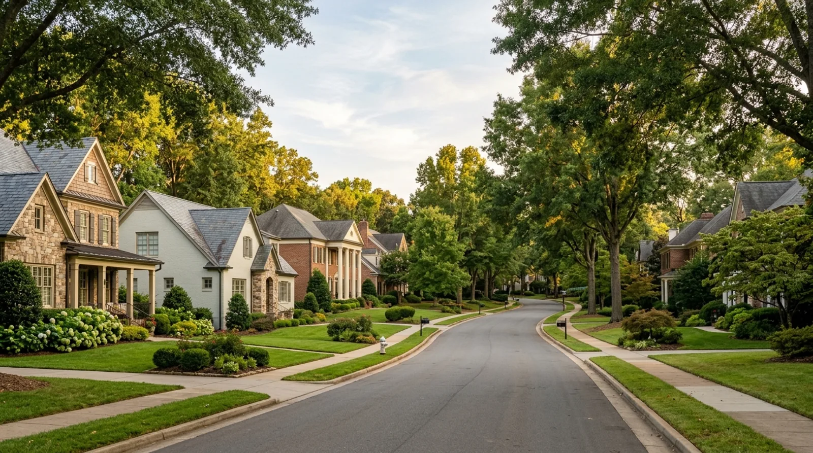 A tree-lined residential street of single-family homes in the Charlotte, North Carolina metro area